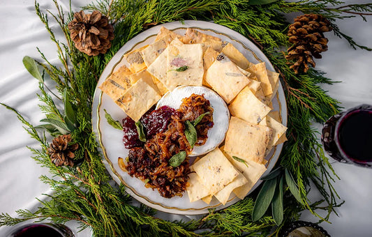 November's Pairing with Baked Brie, Caramelized Onions, Dates and Fried Sage Leaves